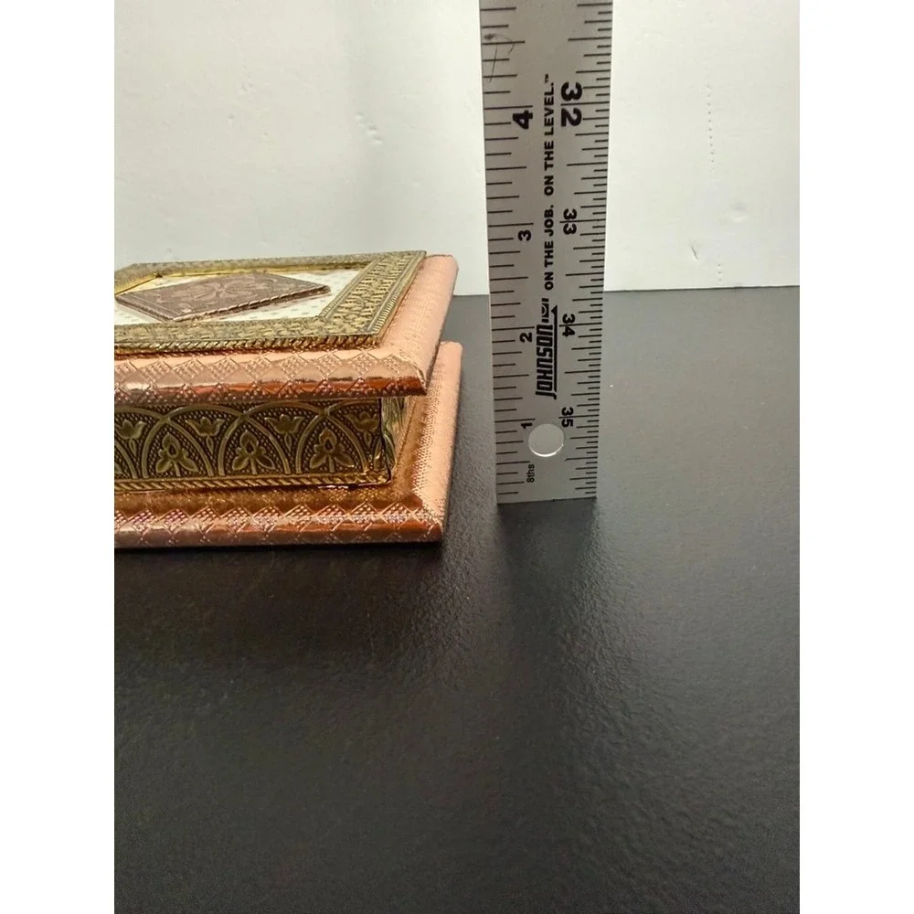 Ornate Square Metal Jewelry Box 4 Compartment Copper Gold Floral Medallion 6x6in